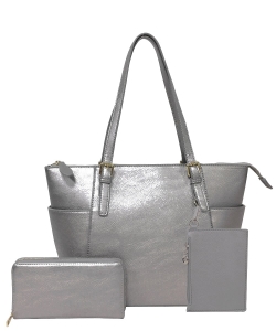 Fashion Faux Handbag with Matching Wallet Set WU1009W LIGHT PEWTER